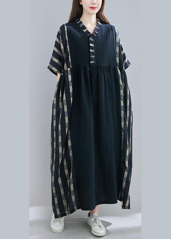 100% V Neck Patchwork Spring Clothes Sleeve Black Plaid Maxi Dress - SooLinen