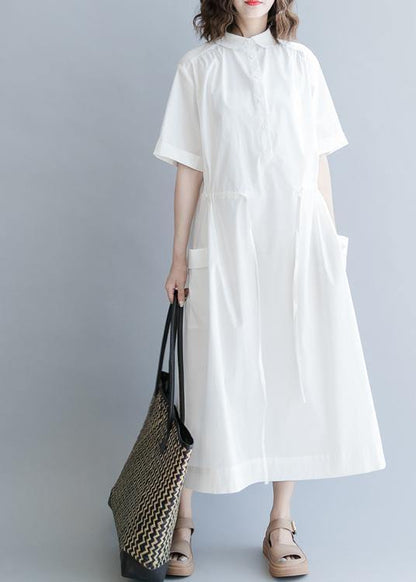 100% White Cotton Tunic Drawstring long Summer Dress - SooLinen