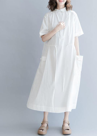 100% White Cotton Tunic Drawstring long Summer Dress - SooLinen