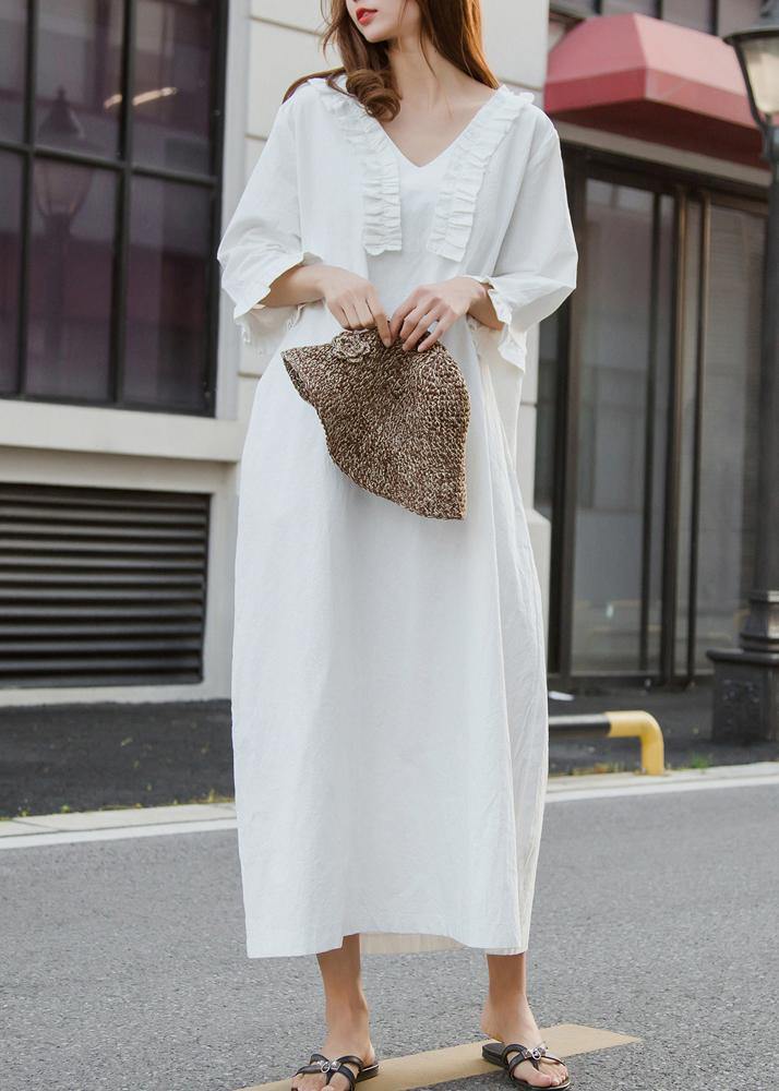 White Cotton Dress Long Ruffles Traveling Dresses - SooLinen