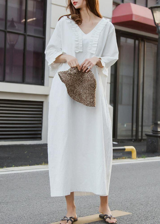 White Cotton Dress Long Ruffles Traveling Dresses - SooLinen