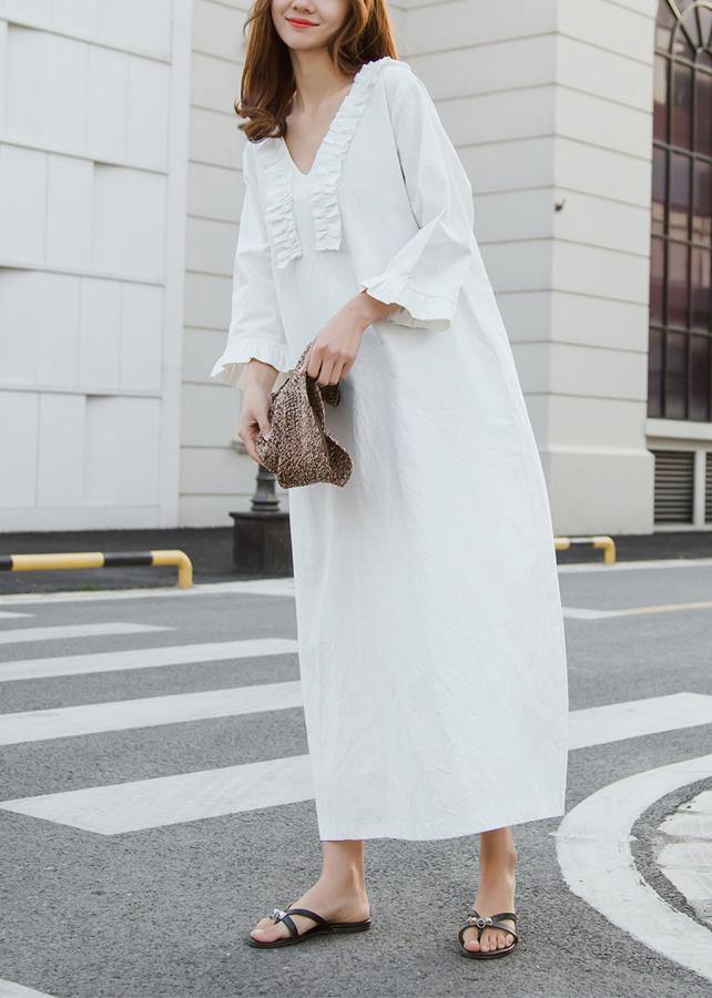 White Cotton Dress Long Ruffles Traveling Dresses - SooLinen