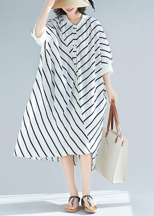100% White Striped Tunic Dress Asymmetric  Spring Dress - SooLinen