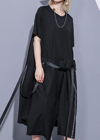 100% black Cotton 0patchwork striped Plus Size summer Dresses - SooLinen