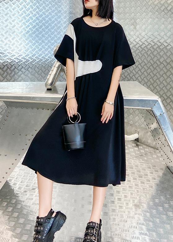 100% black Cinched dress o neck patchwork short Dress - SooLinen