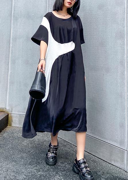 100% black Cinched dress o neck patchwork short Dress - SooLinen