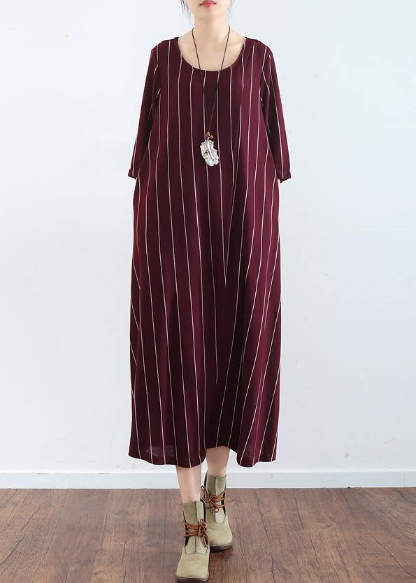 100% burgundy cotton clothes For Women plus size Catwalk striped Dresses summer Dresses - SooLinen