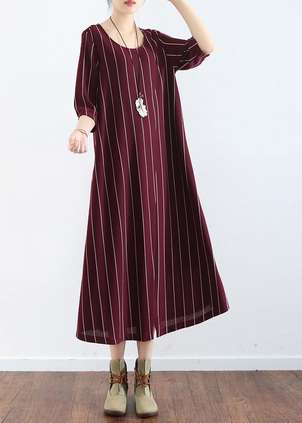 100% burgundy cotton clothes For Women plus size Catwalk striped Dresses summer Dresses - SooLinen