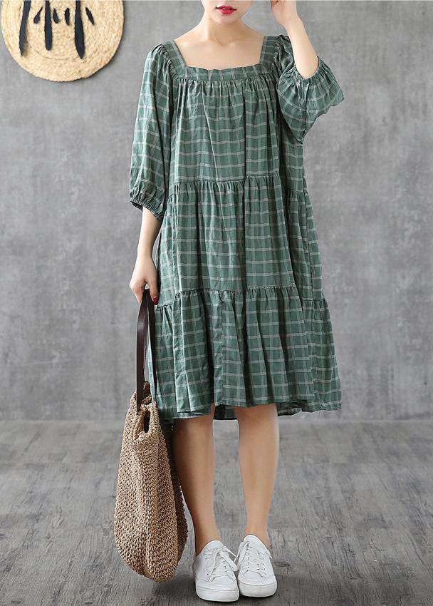 100% green plaid cotton linen Tunic Square Collar patchwork A Lin Dresses - SooLinen