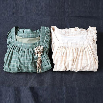 100% green plaid cotton linen Tunic Square Collar patchwork A Lin Dresses - SooLinen