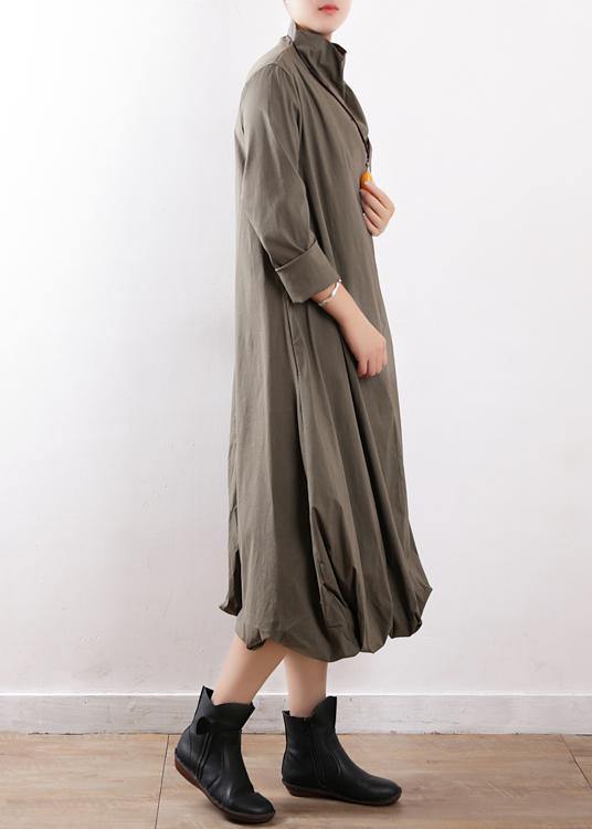 100% high neck asymmetric cotton dresses gray green Art Dress fall - SooLinen