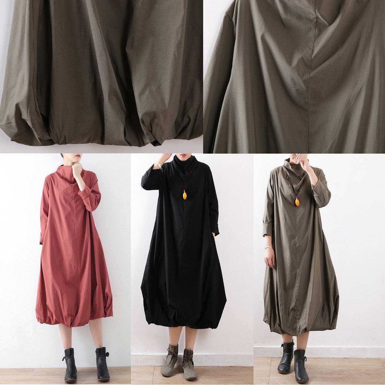 100% high neck asymmetric cotton dresses gray green Art Dress fall - SooLinen