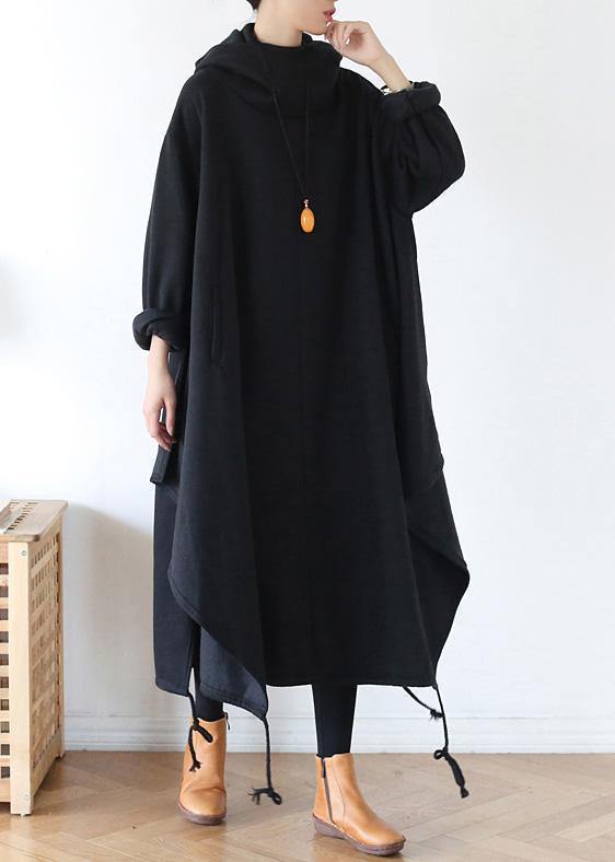 100% hooded asymmetric cotton Wardrobes Work black Maxi Dress - SooLinen