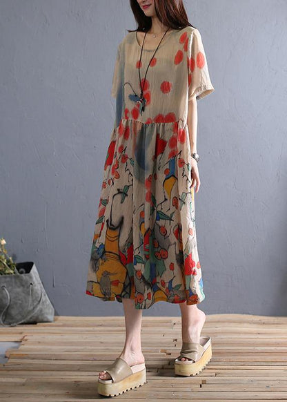 100% khaki print cotton Tunics o neck Cinched cotton robes Dresses - SooLinen