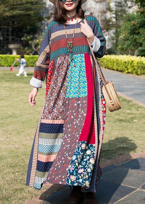 100% multicolor cotton clothes For Women patchwork o neck Plus Size Clothing spring Dress - SooLinen