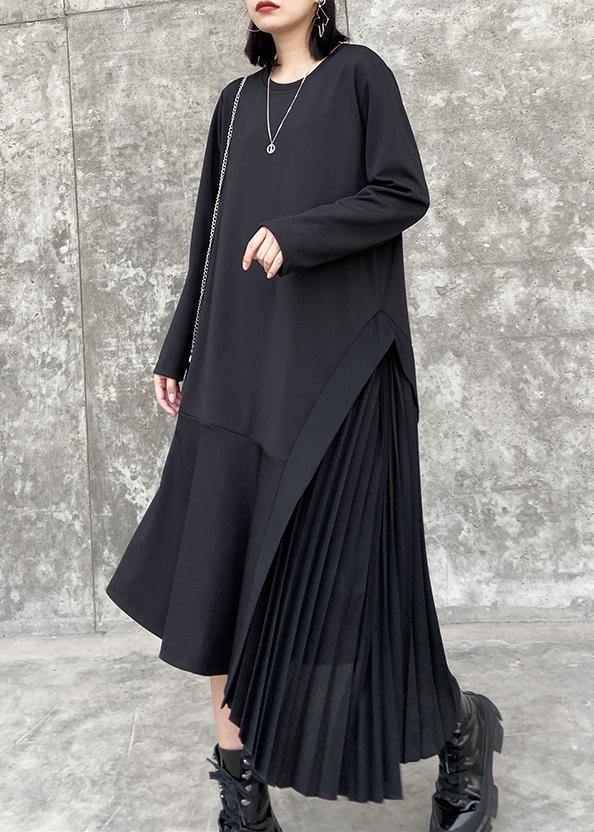 100% o neck Ruffles cotton clothes Women Outfits black long Dresses - SooLinen