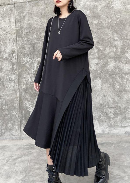 100% o neck Ruffles cotton clothes Women Outfits black long Dresses - SooLinen