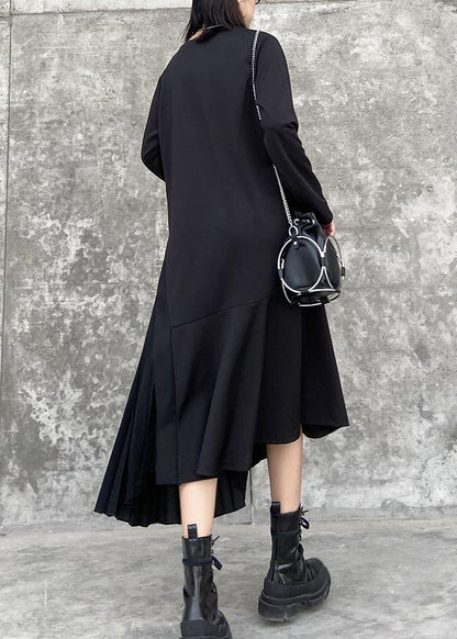 100% o neck Ruffles cotton clothes Women Outfits black long Dresses - SooLinen