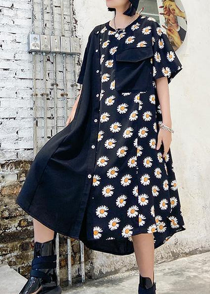 100% o neck asymmetric cotton clothes Shirts black print cotton robes Dress - SooLinen