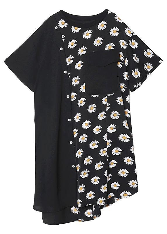 100% o neck asymmetric cotton clothes Shirts black print cotton robes Dress - SooLinen