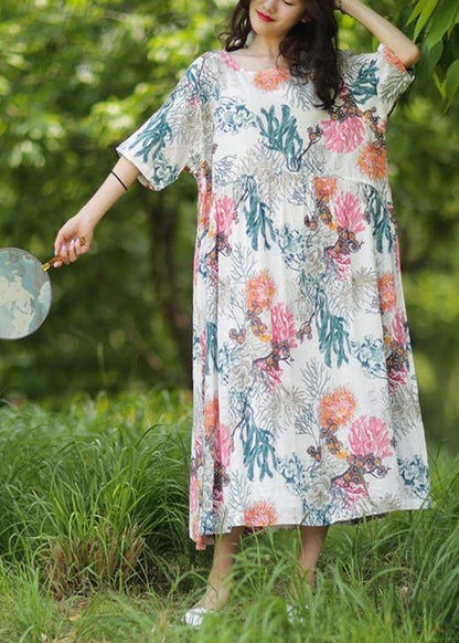 100% o neck baggy linen Robes Wardrobes white print Dress - SooLinen