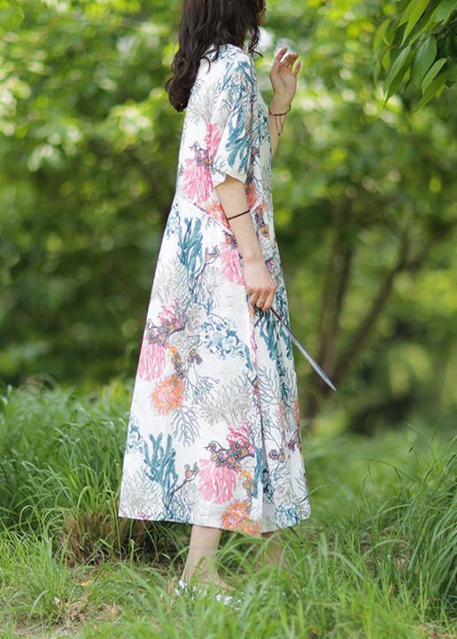 100% o neck baggy linen Robes Wardrobes white print Dress - SooLinen