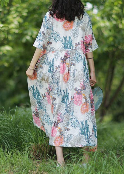 100% o neck baggy linen Robes Wardrobes white print Dress - SooLinen