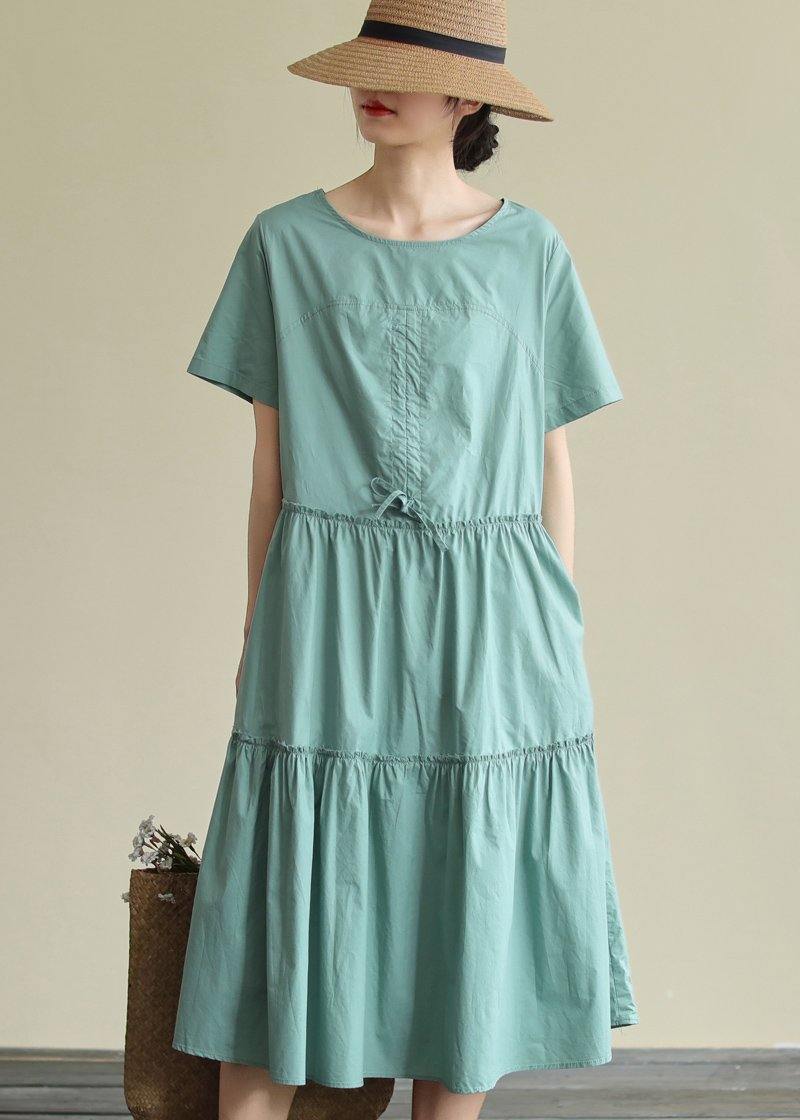 100% o neck drawstring cotton summerdresses Fabrics green Art Dresses - SooLinen