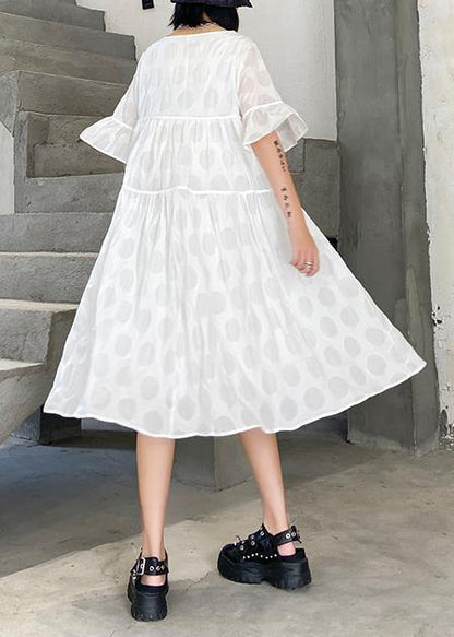 100% o neck flare sleeve cotton tunics for women Fabrics white dotted Dresses - SooLinen