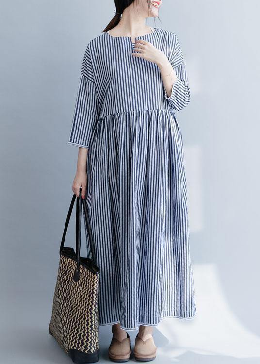 100% o neck half sleeve cotton dresses Neckline blue striped Maxi Dress fall - SooLinen