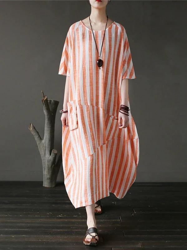 100% o neck patchwork cotton dress Tutorials orange striped Kaftan Dresses - SooLinen