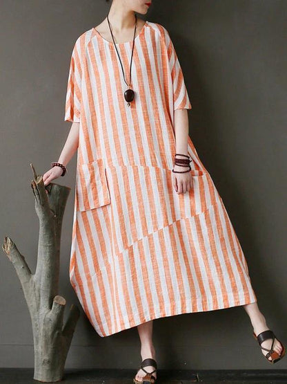 100% o neck patchwork cotton dress Tutorials orange striped Kaftan Dresses - SooLinen