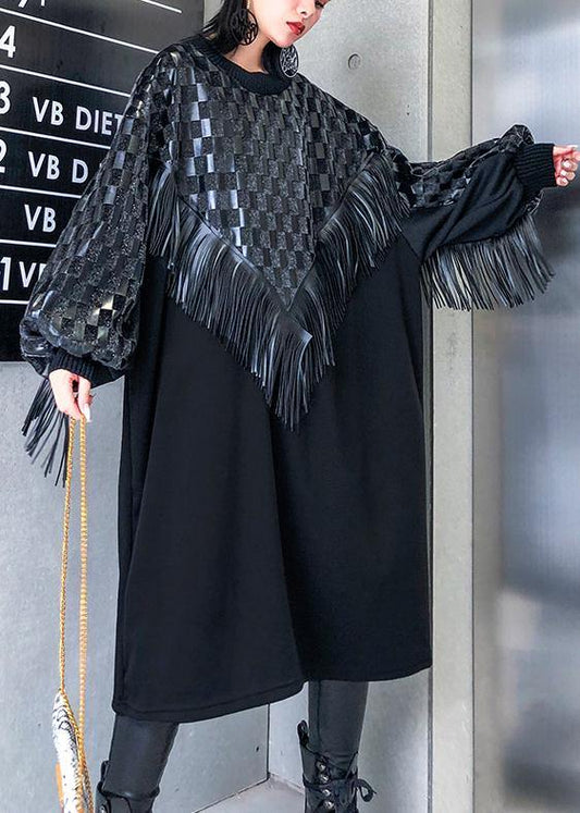 100% o neck patchwork tassel clothes Women Runway black plaid Maxi Dress - SooLinen