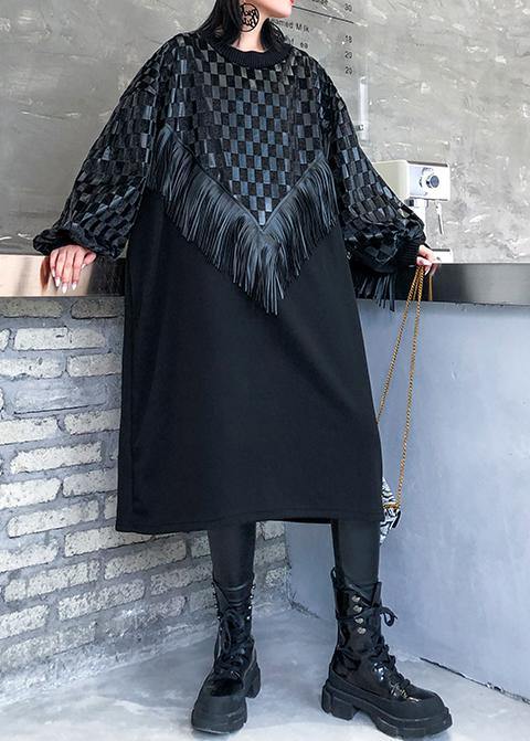 100% o neck patchwork tassel clothes Women Runway black plaid Maxi Dress - SooLinen