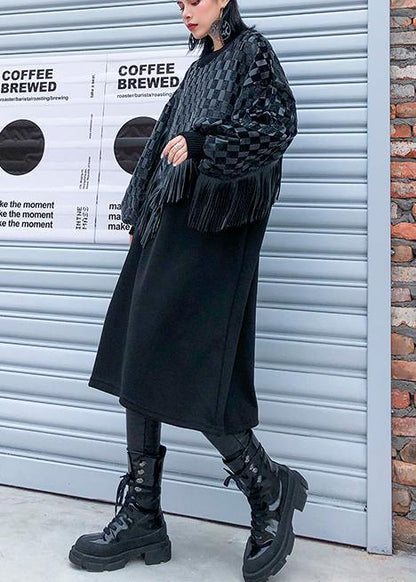 100% o neck patchwork tassel clothes Women Runway black plaid Maxi Dress - SooLinen