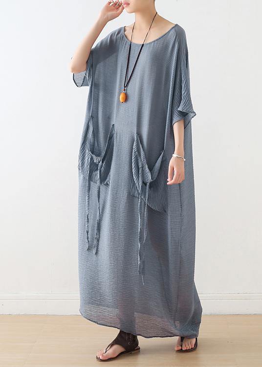 100% o neck pockets cotton clothes For Women Sewing light blue cotton robes Dress - SooLinen