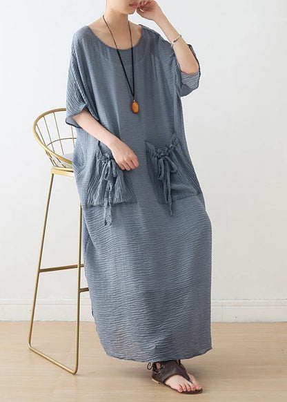 100% o neck pockets cotton clothes For Women Sewing light blue cotton robes Dress - SooLinen