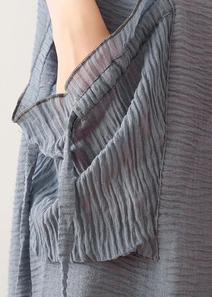 100% o neck pockets cotton clothes For Women Sewing light blue cotton robes Dress - SooLinen