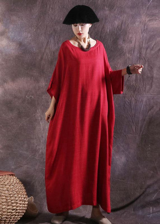 100% solid color cotton quilting clothes Catwalk red o neck Dresses summer - SooLinen