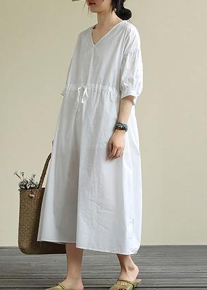 100% white cotton tunic pattern v neck drawstring Maxi Dress - SooLinen