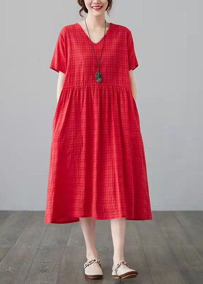 100% o neck short sleeve cotton linen clothes For Women Catwalk burgundy plaid Dress