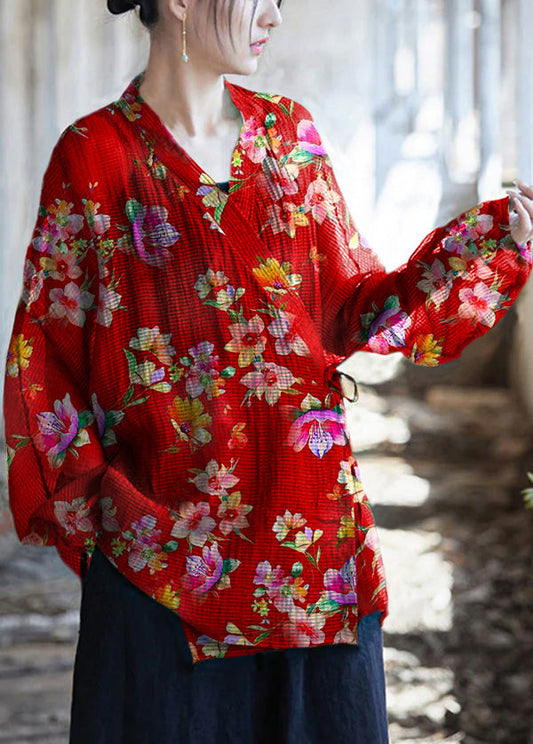 Original Design Red flowers V Neck Lace Up Cotton Top Summer