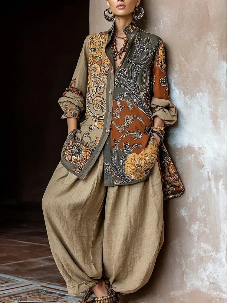 Modern Khaki Peter Pan Collar Oversized Print Cotton Two Pieces Set Long Sleeve