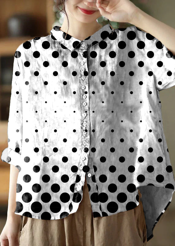 Simple White-polka dots Peter Pan Collar Print Button Cotton Blouse Tops Long Sleeve