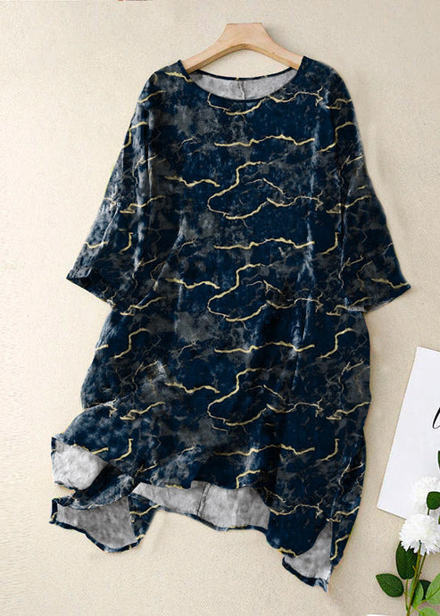 Vintage Blue geometry O Neck Print Patchwork Linen Mid Dress Bracelet Sleeve