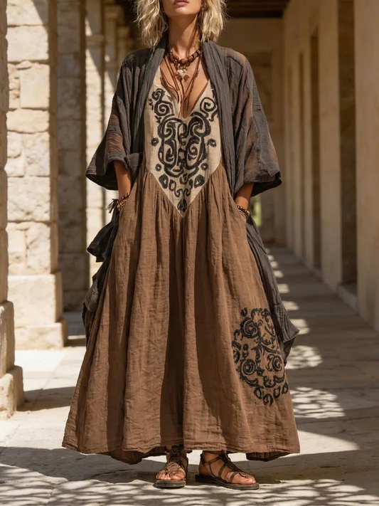 Plus Size Coffee Print Cardigans And Long Dress Two Pieces Set Summer