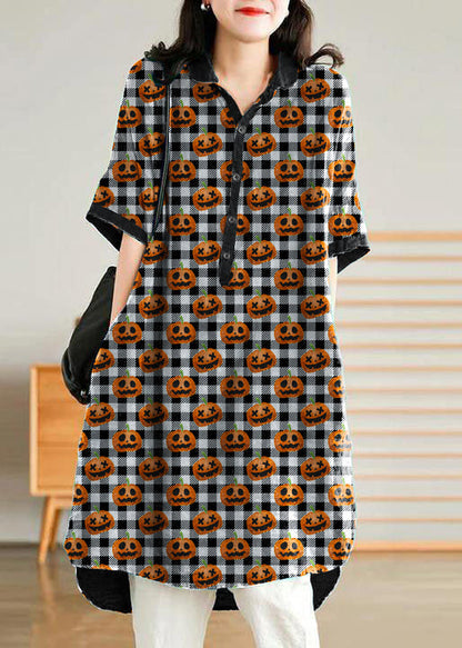 Jade orange stripes polka dots Linen Women Casual Linen Shirt Dress