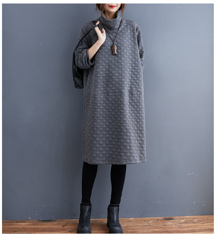 New Oversize Cotton Clothing Dresses Vintage Long Sleeve Turtleneck Pockets Casual Dress