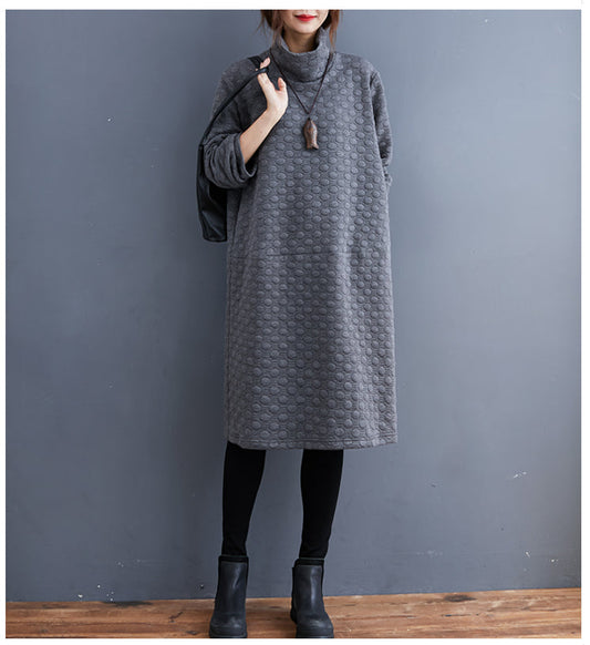 New Oversize Cotton Clothing Dresses Vintage Long Sleeve Turtleneck Pockets Casual Dress