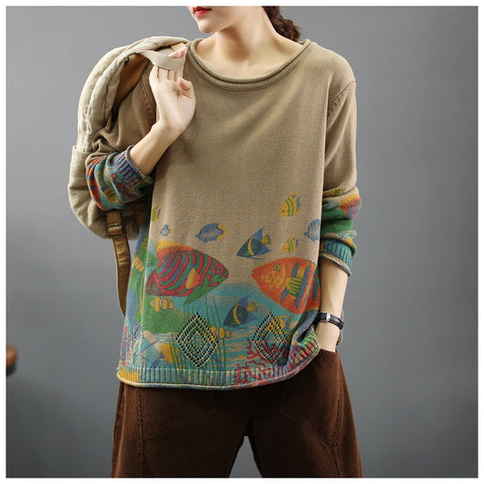 Women 2025 Vintage Prints Loose Sweater Casual Spring Tops